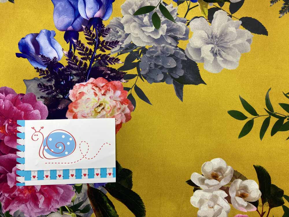 Kreppstoff Stretch mit großen Blumen, gelb/bunt