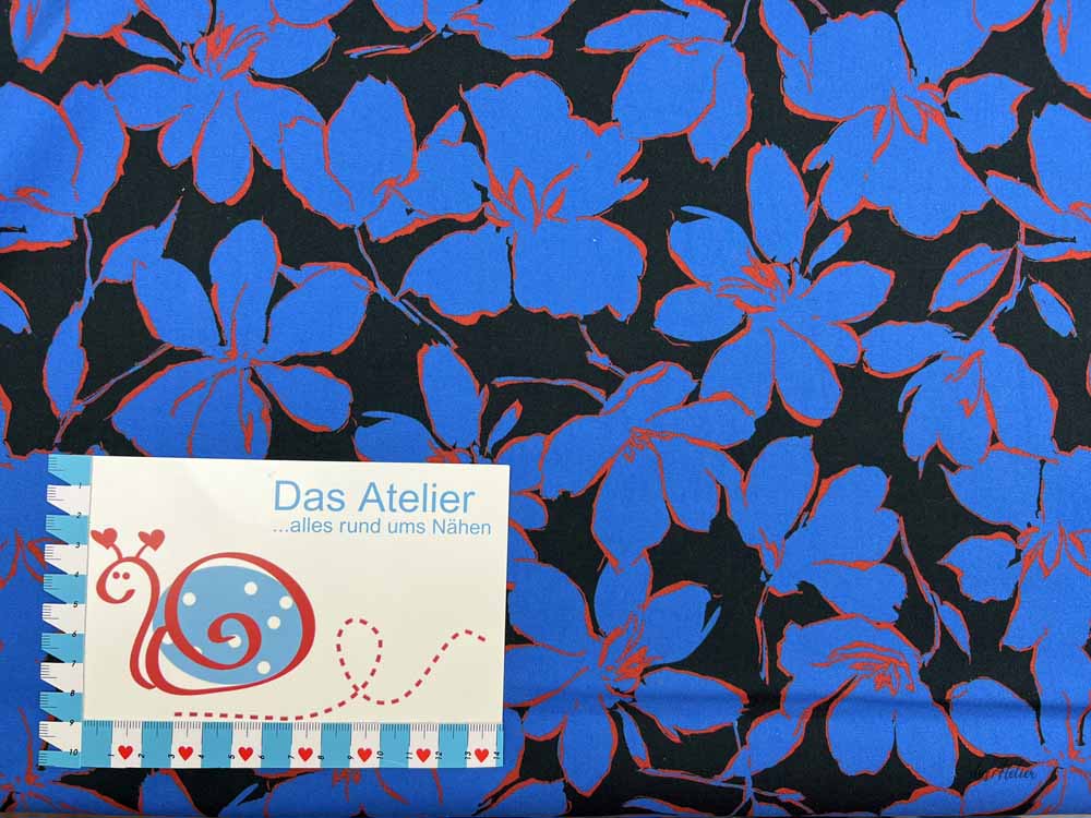 Stretchstoff Hosenstretch Blüten, blau/schwarz